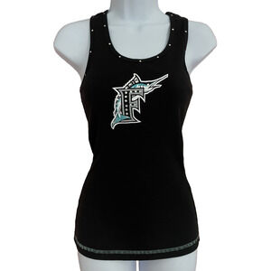 VTG Y2K Miami Marlins Tank Top Women’s M Black Bedazzled MLB Baseball Made USA